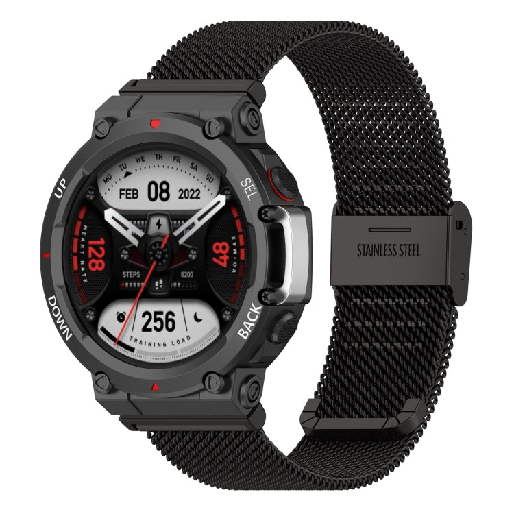 Black snap-fit stainless steel mesh watch band with rectangular clasp