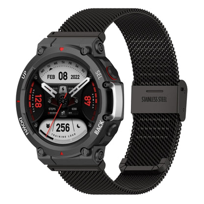 Black snap-fit stainless steel mesh watch band with rectangular clasp
