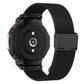 Black stainless steel mesh watch band with snap-fit clasp, side view