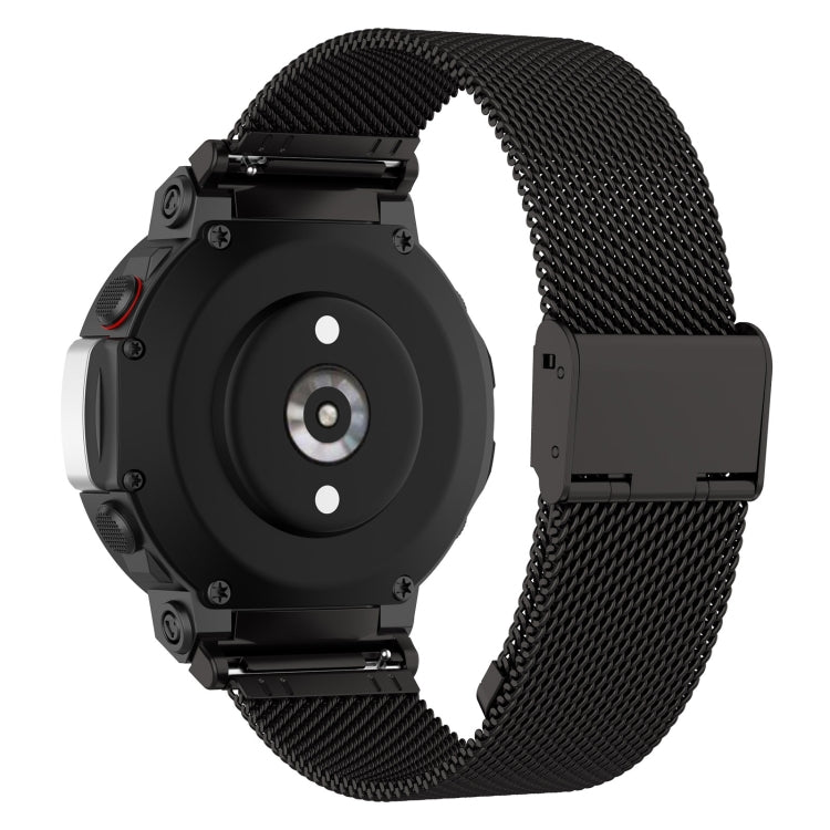 Black stainless steel mesh watch band with snap-fit clasp, side view