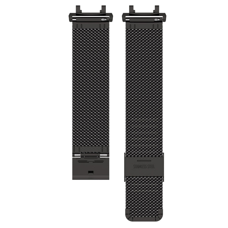 Two black stainless steel mesh watch band pieces with snap-fit ends