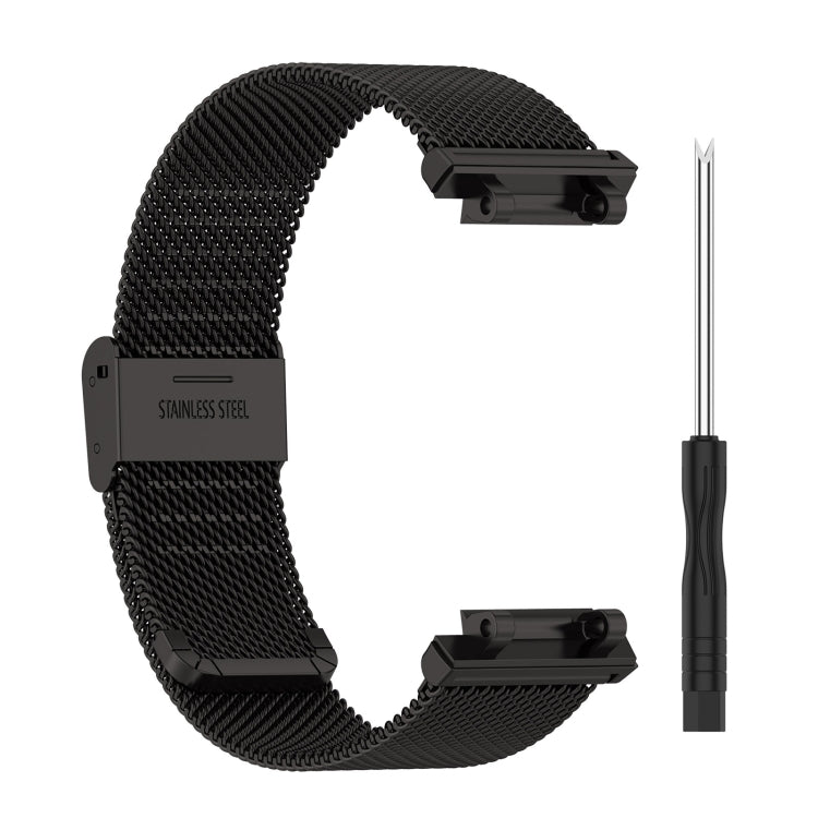 Black stainless steel mesh watch band with snap-fit clasp and end brackets