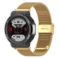 Gold stainless steel mesh watch band with rectangular clasp labeled Stainless Steel