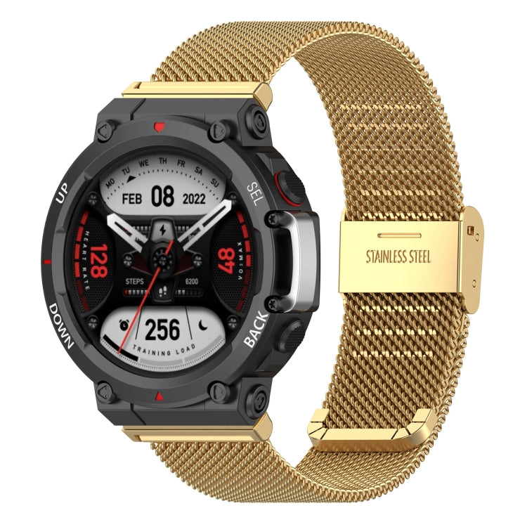 Gold stainless steel mesh watch band with rectangular clasp labeled Stainless Steel