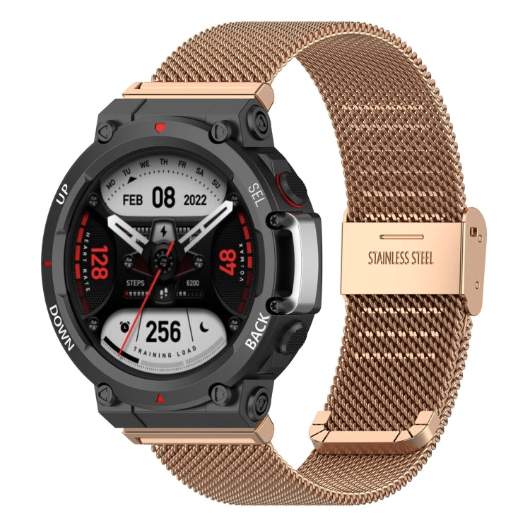 Rose gold stainless steel mesh watch band with rectangular clasp labeled Stainless Steel