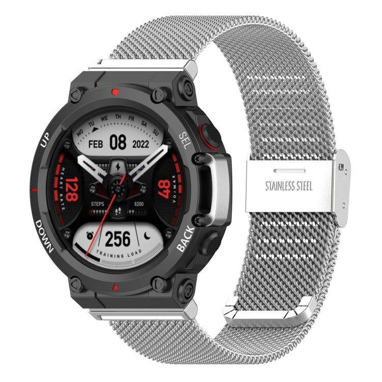 Silver stainless steel mesh watch band with rectangular clasp labeled Stainless Steel