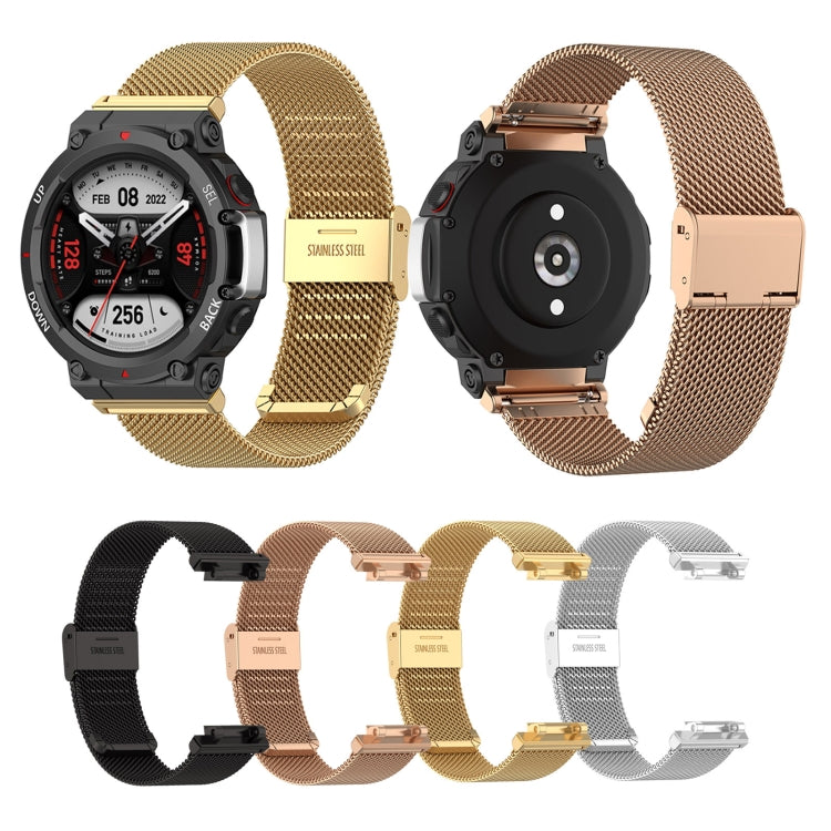 Assorted stainless steel mesh watch bands in black, rose gold, gold, and silver