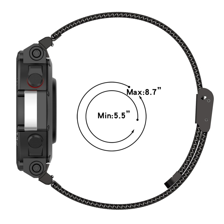 Black stainless steel mesh watch band with size range Min 5.5", Max 8.7"
