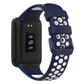 Two-color breathable silicone watch band with perforations, dark blue and white, rear view.
