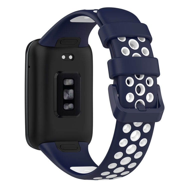 Two-color breathable silicone watch band with perforations, dark blue and white, rear view.