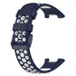 Two-color breathable silicone watch band with perforations, dark blue and white, side view.