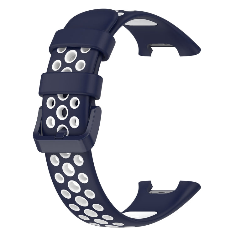 Two-color breathable silicone watch band with perforations, dark blue and white, side view.