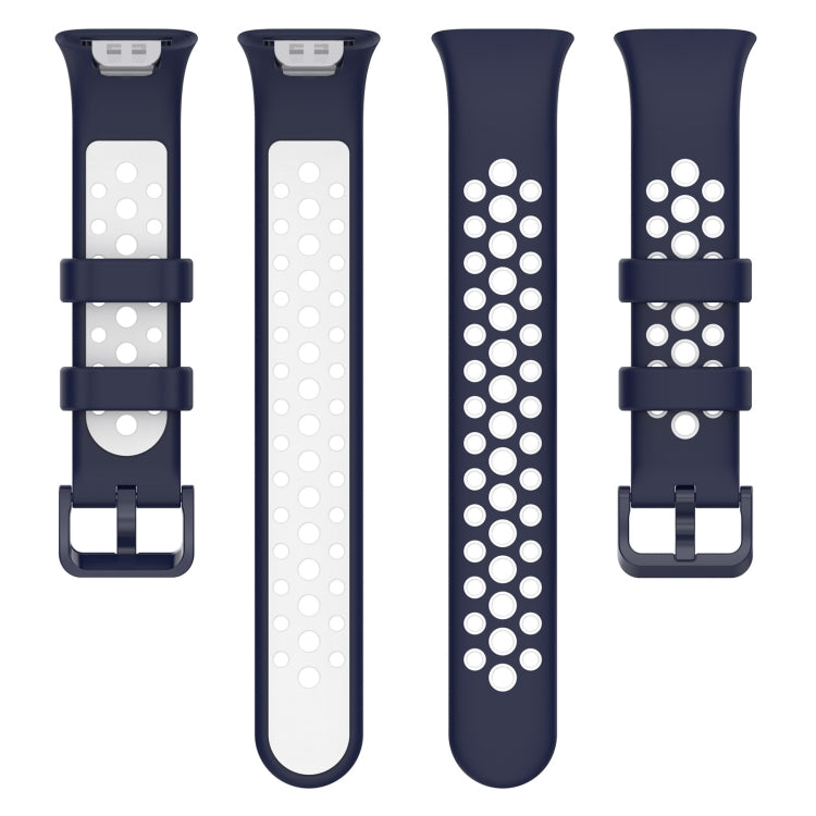 Set of two-color silicone watch bands with perforations: dark blue and white, multiple sizes.