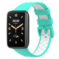 Two-color breathable silicone watch band with perforations, mint teal and white, buckle clasp.