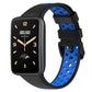 Two-color breathable silicone watch band with perforations, black and blue, buckle clasp.