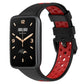 Two-color breathable silicone watch band with perforations, black and red, buckle clasp.