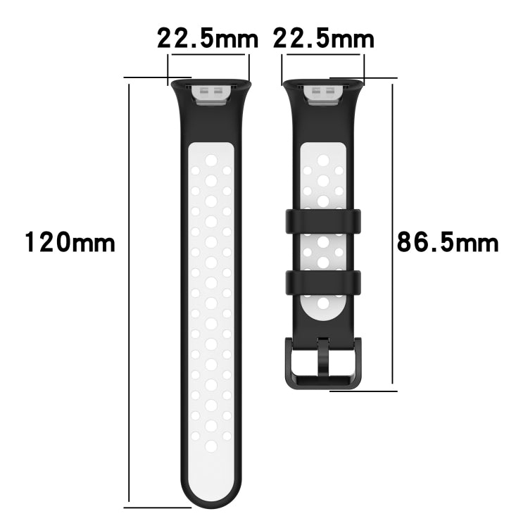 Black silicone watch band size diagram with white perforated strap