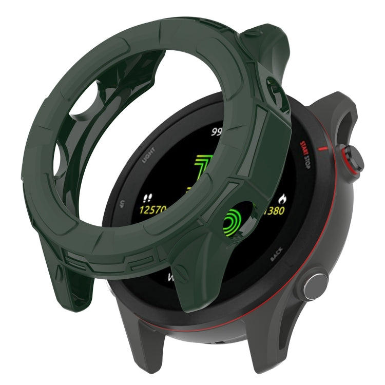 Olive green hollow TPU watch case with protective bumper for a fitness watch.