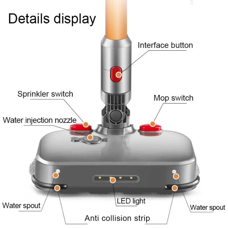 Gray wet mopping head with red switches, LED light strip, and water injection nozzle