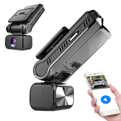 Single camera dash cam with front lens and small screen, black body, Wi-Fi app control
