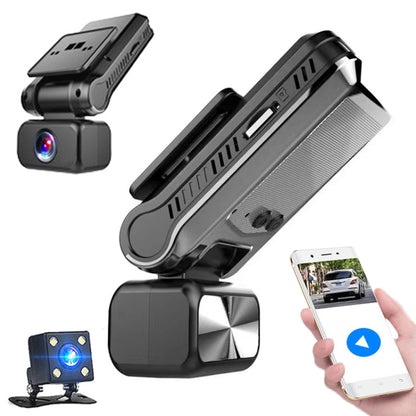 Dual-lens car dash cam with front camera module and dash mounting bracket, black