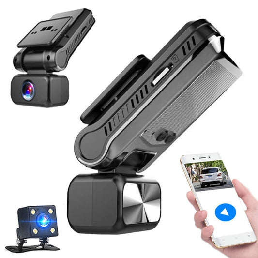 Dual-lens car dash cam with front camera module and dash mounting bracket, black