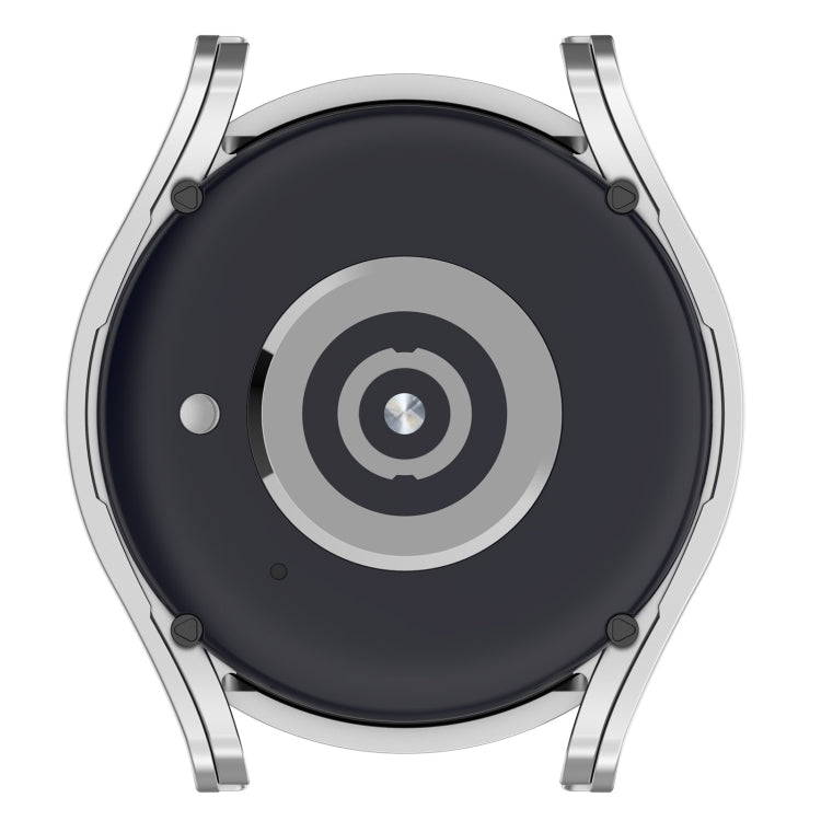 Silver half-coverage protective smartwatch case with open center and secure corner bumpers