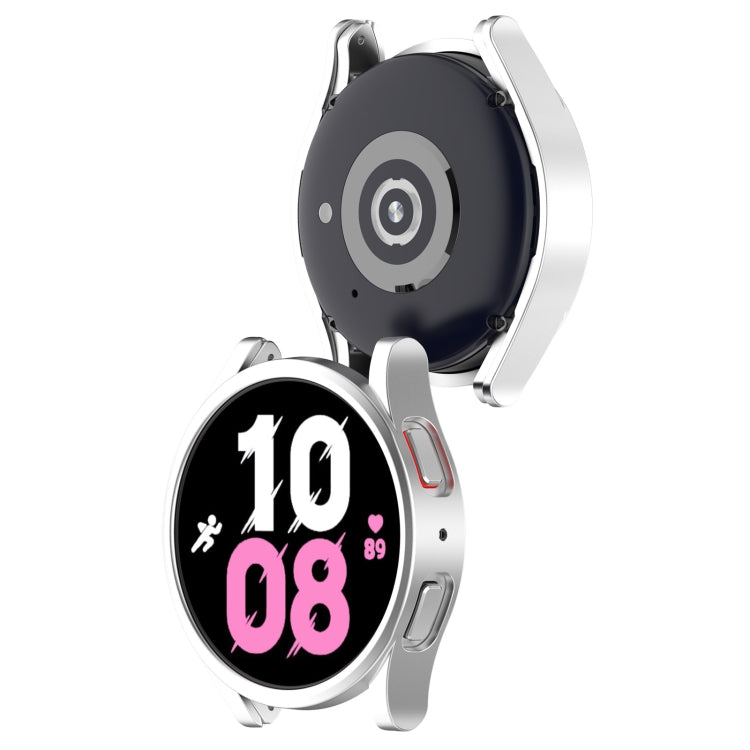 Silver half-coverage protective smartwatch case, shown from side with open face