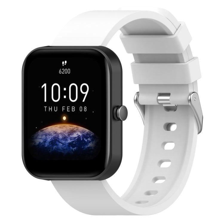 White silicone watch band with metal buckle and multiple adjustment holes, for Amazfit Bip 3.