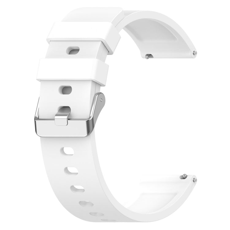 White silicone watch band with metal clasp and pin, showing adjustment holes along the strap.