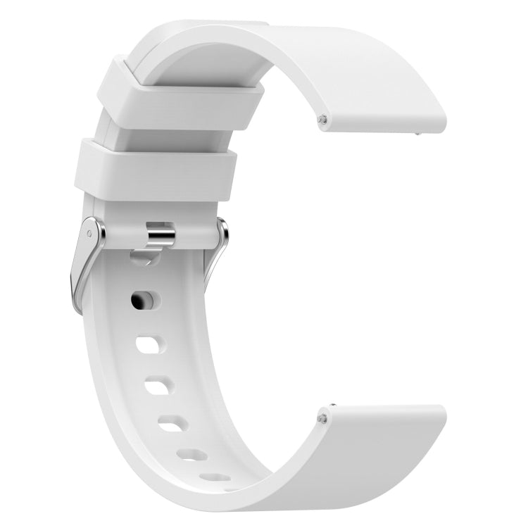 White silicone watch band with metal buckle and step-style connector, close-up angle view.