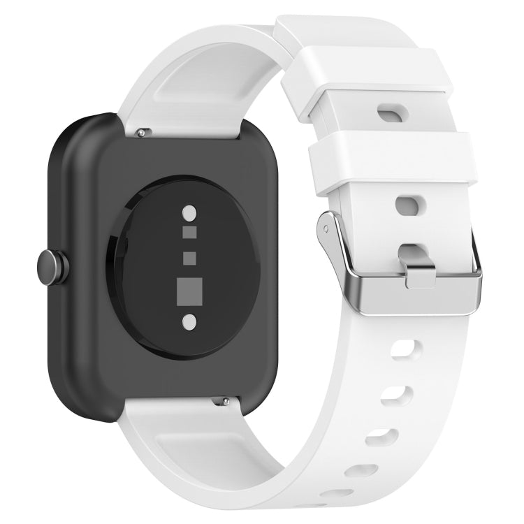 Black silicone watch band with metal buckle and adjustment holes, shown with matching smartwatch.