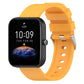 Orange silicone watch band with metal buckle and adjustment holes, shown with matching smartwatch.