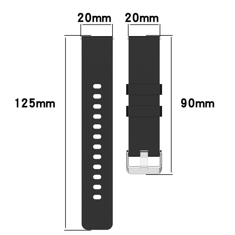 Silicone watch band size diagram: 20mm width, 125mm length, 90mm strap side