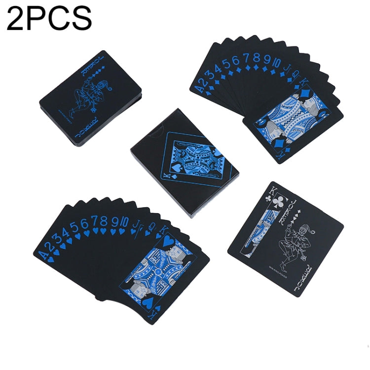 Plastic waterproof poker cards set, black backs with blue suit numbers and faces.