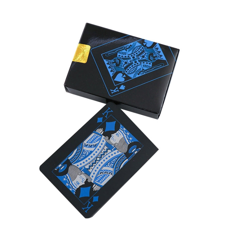 Plastic waterproof poker cards, black with blue face art and a gold corner seal.