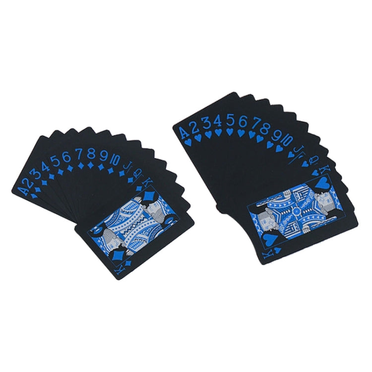 Plastic waterproof poker cards spread, black with blue suit markings and card faces.