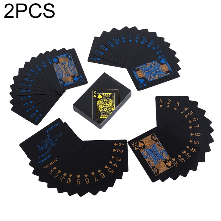 Plastic waterproof poker cards spread, black with blue and gold suit card designs.