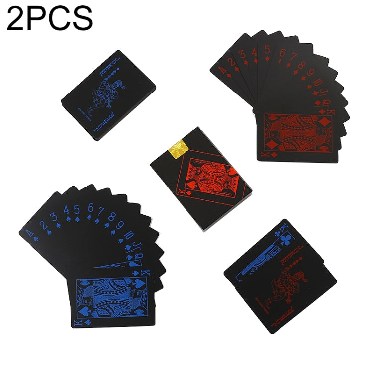 Plastic waterproof poker cards set, black backs with blue and red suit markings.
