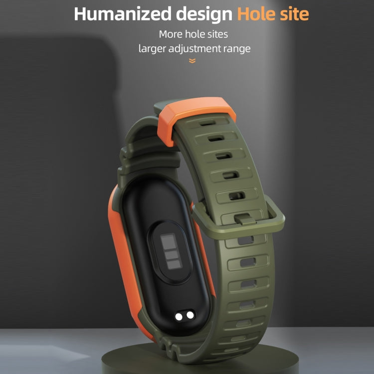 Two-color watch band with dark watch case, olive strap, and orange side trim