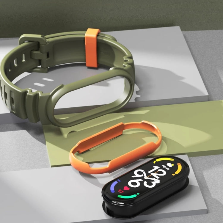 Two-color watch band with olive strap and orange bezel frame for fitness tracker