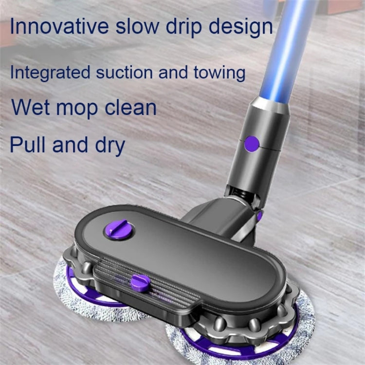 Electric vacuum mop cleaning head with rotating grey pads, purple suction rings, grey body