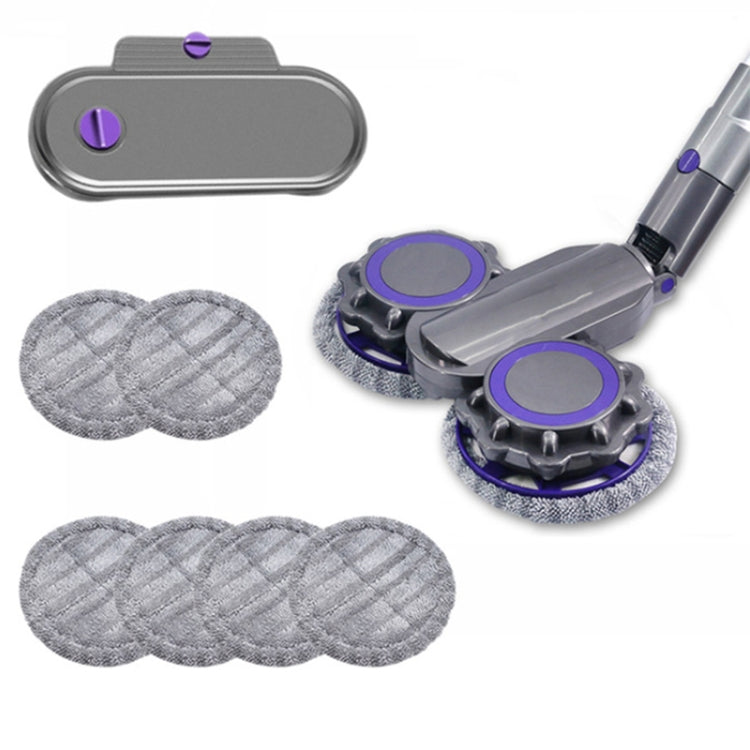 Electric vacuum mop cleaning head set with grey water tank, purple accents, and four grey pads