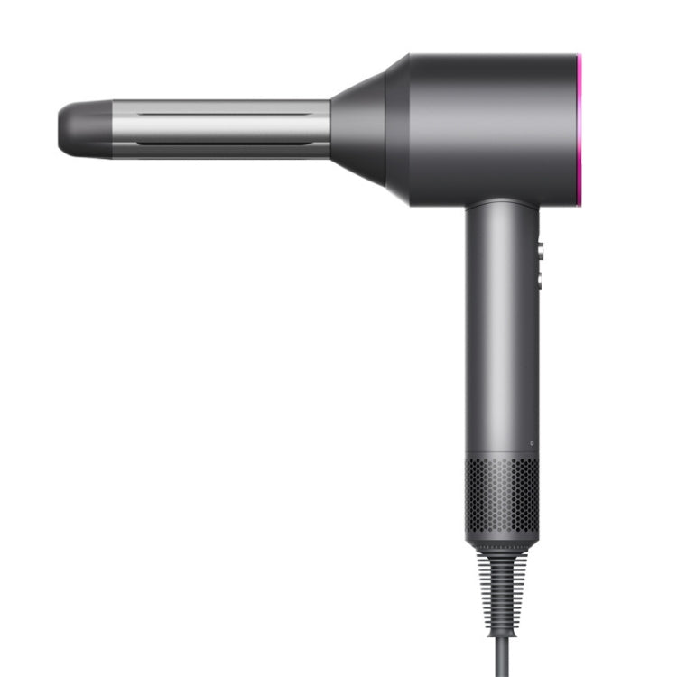 Curling nozzle attachment mounted on a black hair dryer body with silver barrel.