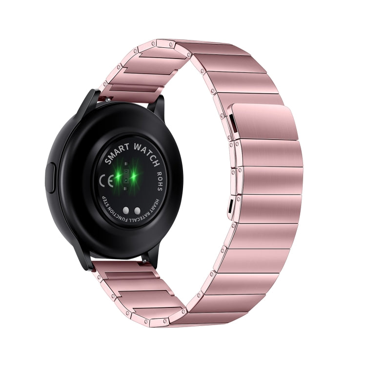 Pink magnetic steel watch band with rectangular links around smartwatch face