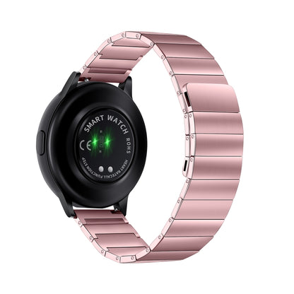Pink magnetic steel watch band with rectangular links around smartwatch face