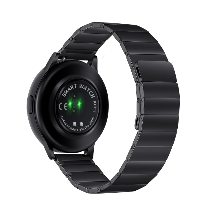 Black magnetic steel watch band with metal link design around smartwatch