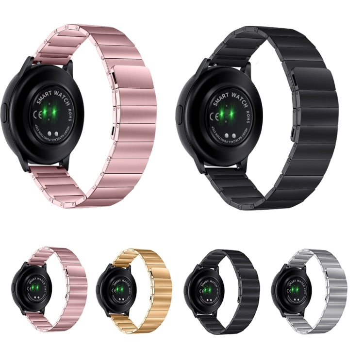 Magnetic steel watch bands in pink, gold, black, and silver shown with smartwatch