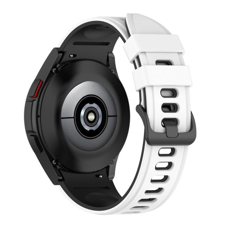 Two-color silicone watch strap with white perforated band and black backing, for smartwatch.
