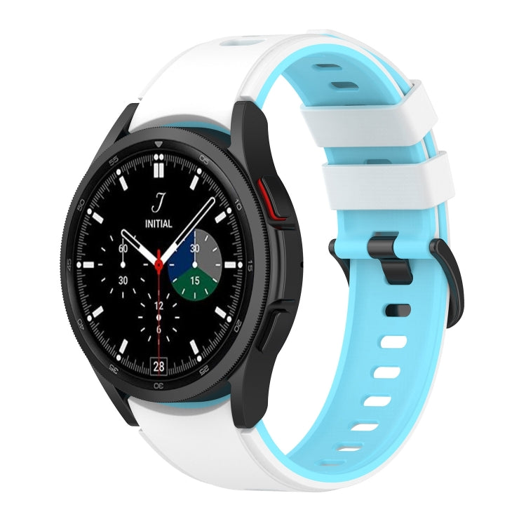 Two-color silicone watch strap with light blue and white perforated links, for smartwatch.